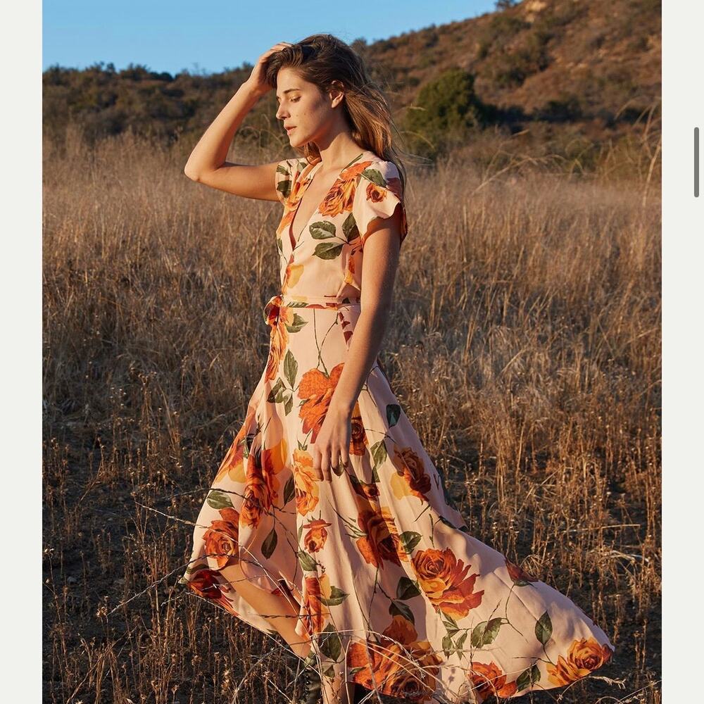 Christy Dawn the Autumn maxi wrap peach floral dress size XS